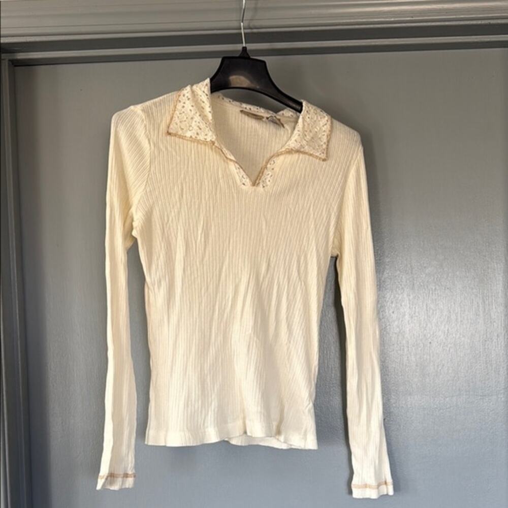 Ruff Hewn Women's Cream Ribbed Knit Pullover Top Y2K Lace Collar V-Neck sz M